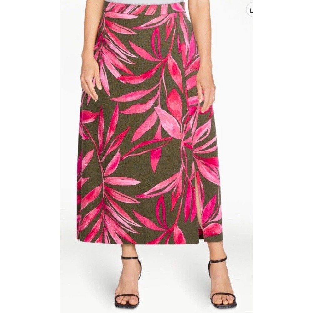 Time And Tru Womens XL Pink Green Floral Linen Midi Skirt Pull On Pockets Slit
